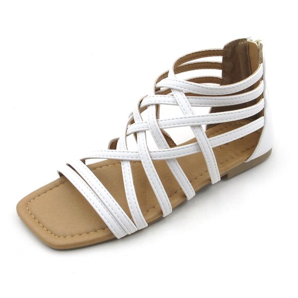 Women's Roman Gladiator Muliti Straped Back Zip Design Flat Heel Sandals White - Picture 5 of 6